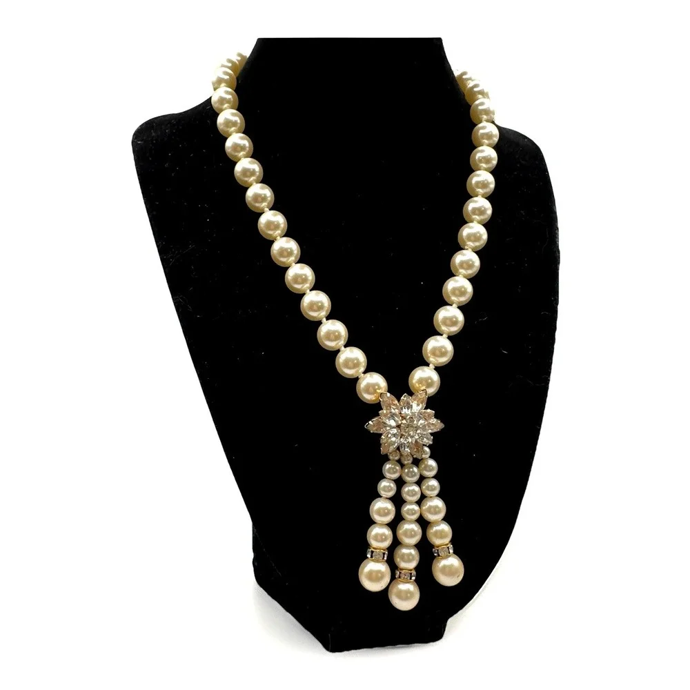 Vintage Faux Glass Pearl Necklace with Rhinestone Y Drop Tassels 16